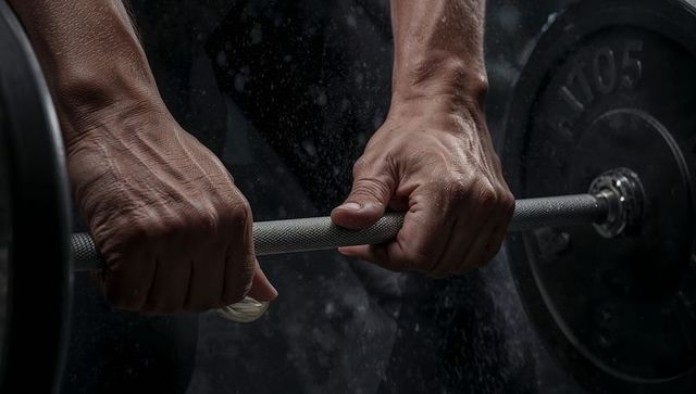 Chalked hands gripping knurled barbell showing veins, wrist tape, dust and power