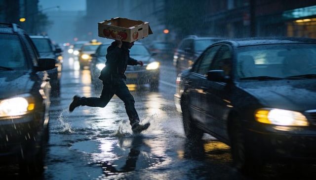 Leaping across traffic-lit wet city street while holding cardboard box overhead in pouring rain