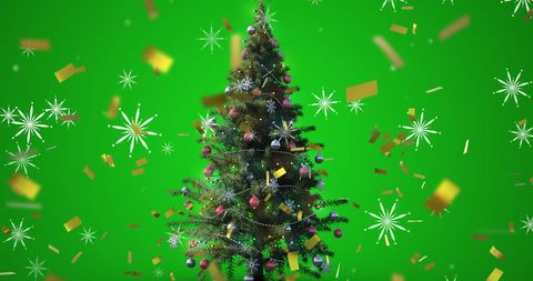 Festive christmas tree with falling confetti overlay