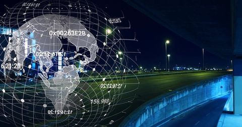 Holographic Global Data Sphere Hovering Over Night Highway Showing Hex IDs and Timestamps