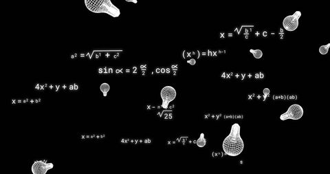 Abstract light bulbs and mathematical formulas on black background