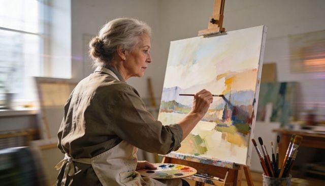 Calm senior woman painting landscape on easel in sunlit studio holding palette and brush