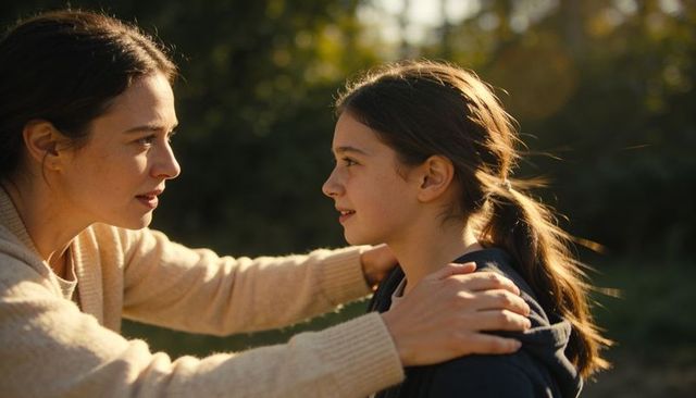 Mother comforting daughter during golden hour outdoor bonding and gentle reassurance
