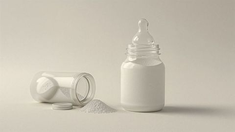 Minimalist baby milk powder formula and bottle on neutral background