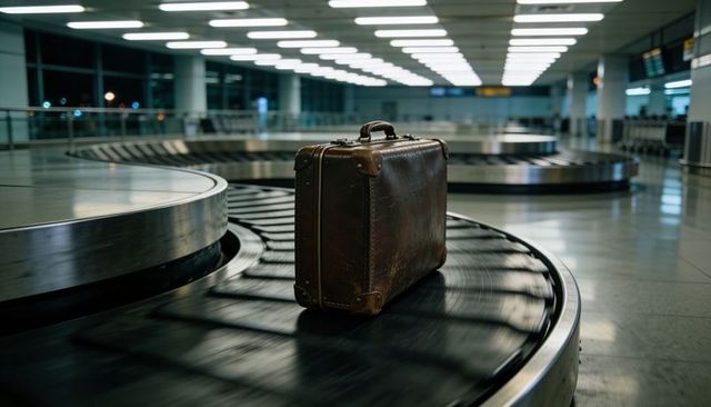 Vintage leather suitcase rotating on empty airport baggage carousel at night, moody travel