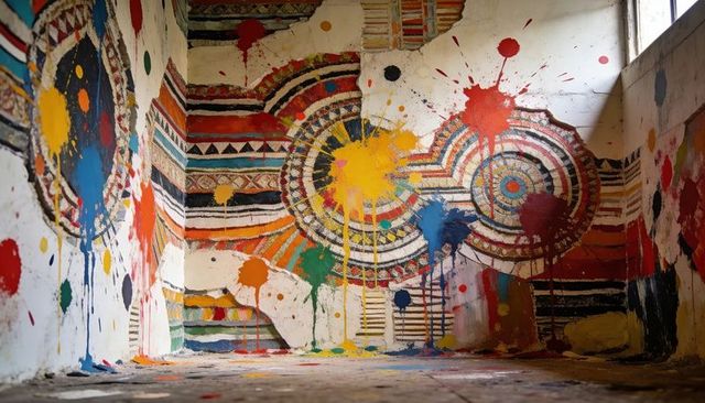 Abandoned Room Mural Featuring Concentric Circles Vibrant Multicolor Paint Splashes