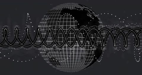 Wireframe globe intersecting sine wave data ribbon for global network visualization