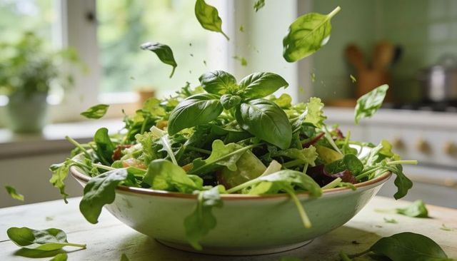 Tossing basil and arugula salad in ceramic bowl with sunlit kitchen and fresh herbs