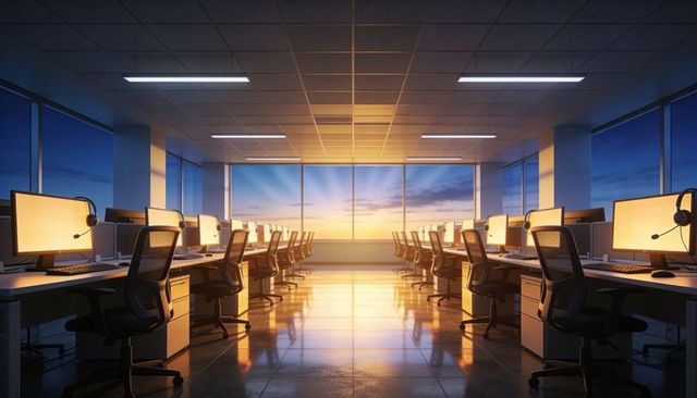 Sunrise-lit empty open-plan office with rows of modern workstations, monitors and headsets