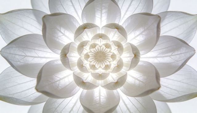 Glowing backlit translucent lotus rosette revealing veins symmetric white abstract minimal