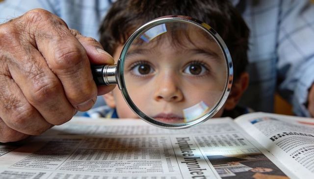 Young boy peering through magnifying glass over newspaper, elder hand guiding