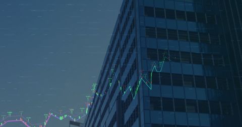 Digital Financial Data Hovering over Modern Office Building