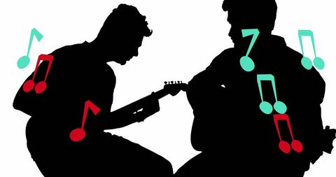 silhouette of musicians playing guitars with vibrant musical notes - Download Free Stock Images Pikwizard.com