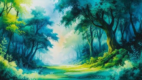 Sunbeams Streaming Through Misty Enchanted Forest