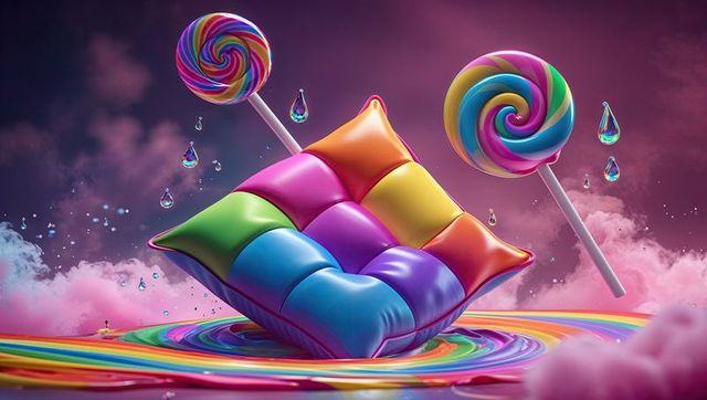 Whimsical Candy Land with Floating Cushion and Spiral Lollipops