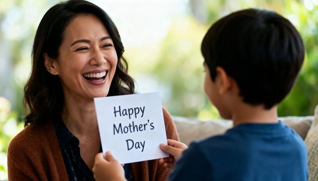 Laughing mother receiving mother's day card from child, cozy family moment