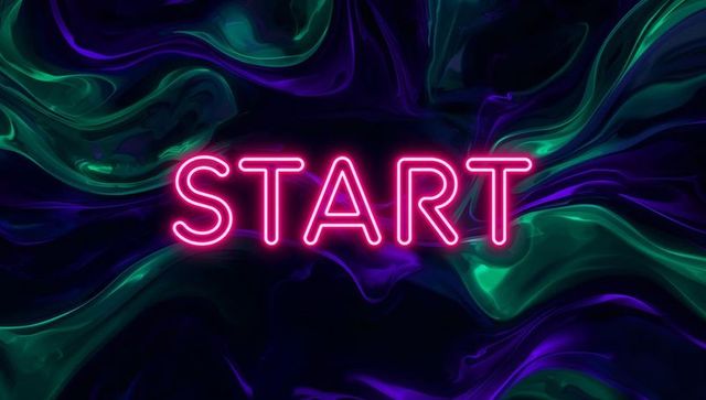 Neon START Sign on Abstract Digital Swirl Background