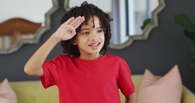 Portrait of happy biracial boy looking at camera and saluting - Download Free Stock Photos Pikwizard.com