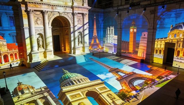 Immersive landmark projections transforming neoclassical gallery floor and arched walls
