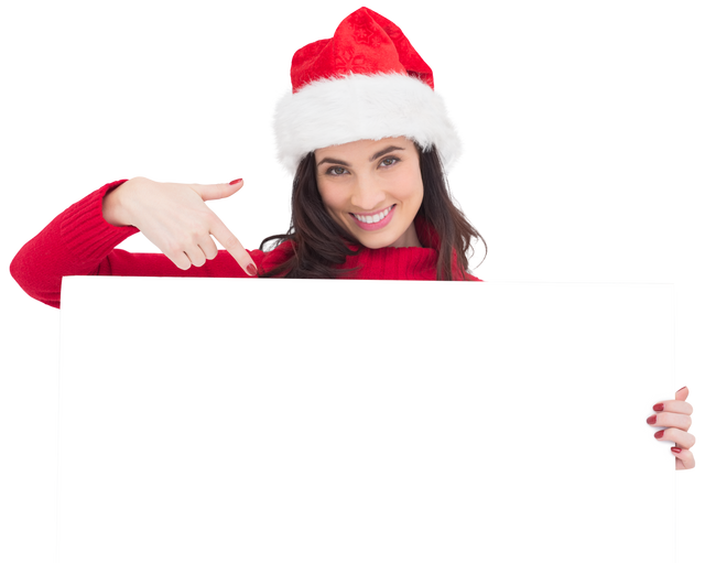 Transparent Background Smiling Brunette in Santa Hat with Blank White Poster - Download Free Stock Videos Pikwizard.com