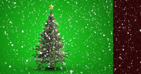 Festively Decorated Christmas Tree with Falling Snowflakes