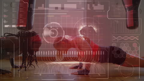 Two Athletes Concurrently Engaging in Push-Ups with Futuristic Interface