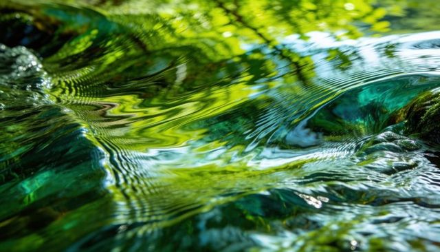 Gliding ripples reflecting forest light over emerald streambed and mossy rocks with teal highlights