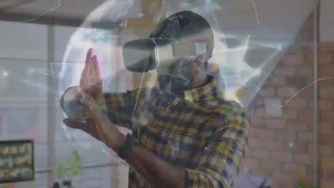 Man Exploring Virtual Reality Interface with 3D Globe Visualization