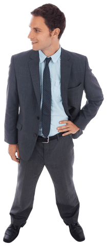 Cheerful Businessman in Suit Standing with Hand on Hip Transparent Background