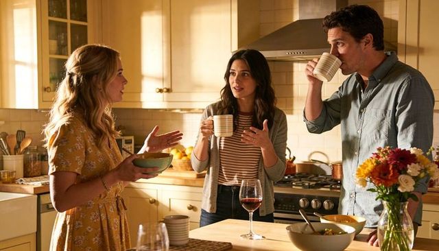 Cozy morning kitchen conversation over coffee and salad among friends in sunlit home