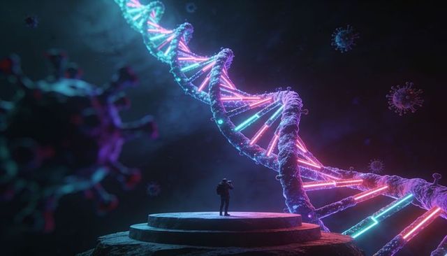 Explorer standing on pedestal examining glowing dna helix amid floating viruses