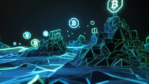 Futuristic Wireframe Landscape with Glowing Bitcoin Symbols