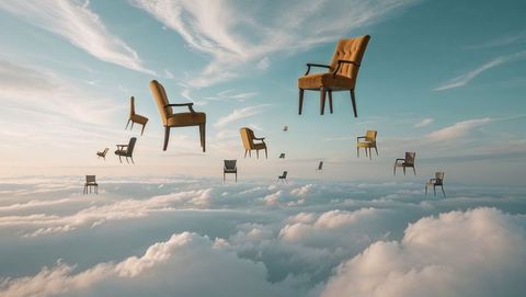 Chairs Floating Above Clouds with Surrealist Sky