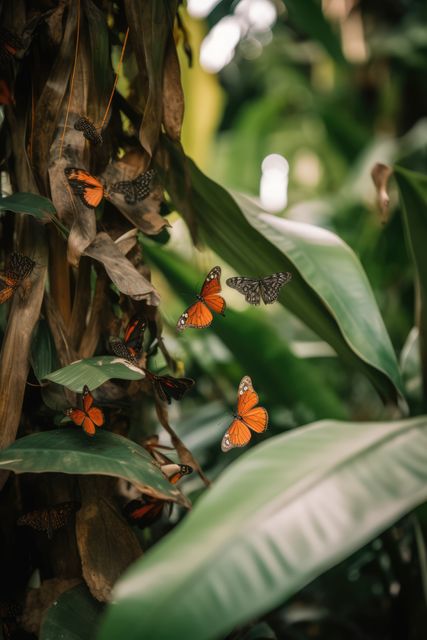Butterflies are flying amidst lush green leaves in a tropical rainforest, showcasing vibrant orange and black patterns. The rich greenery and natural light create a serene wildlife scene. This image is perfect for nature-related content, environmental campaigns, and educational materials on biodiversity.