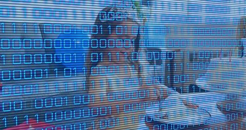 Young woman typing on laptop at home with blue binary overlay for remote learning