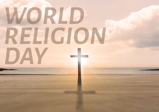 Digital composite image of world religion day text over cross at beach against sky during sunrise. text, christianity, communication, nature, cloud, god and religion concept.