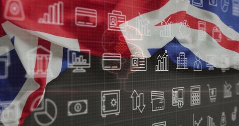 Union jack overlay on digital finance dashboard with technology icons