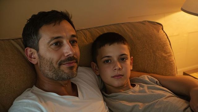 Father and Son Sharing Quiet Lamp-Lit Evening on Couch, Intimate Home Bonding Moment