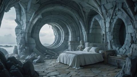 Ancient stone chamber with cozy bed in maritime landscape