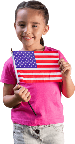 Smiling Girl Holding USA Flag on Transparent Background