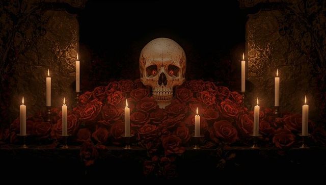 Gothic altar with skull and candles surrounded by red roses