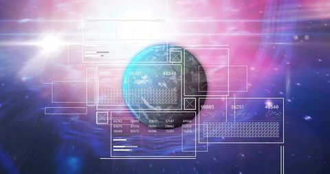 Rotating blue-green planet with holographic data overlays, futuristic hud, cosmic nebula
