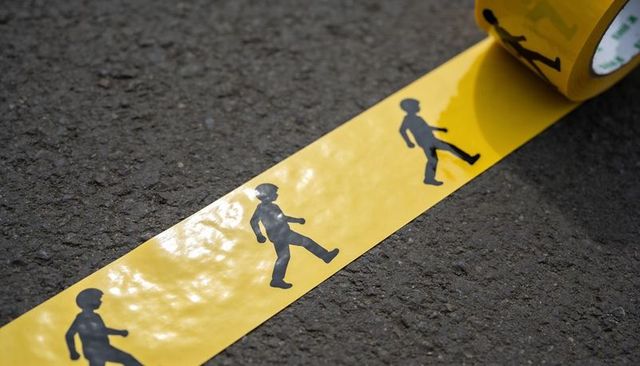 Yellow safety tape with child pictograms unrolling across asphalt for school zone alert