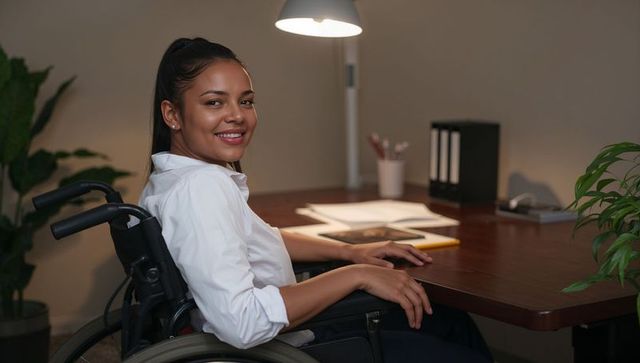 Smiling woman using wheelchair working at modern office desk with tablet