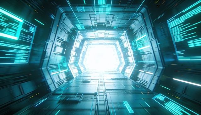 Futuristic hexagonal data tunnel pulling metallic shaft toward cyan light gateway