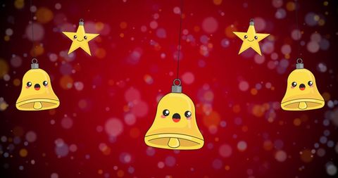 Cute Christmas Bells and Stars on Red Festive Background