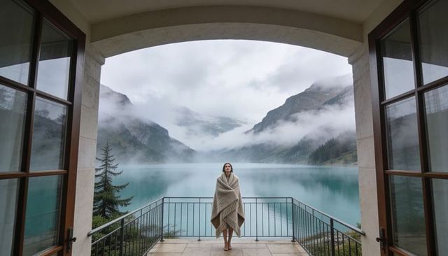 Woman standing wrapped in blanket gazing over misty alpine lake from balcony