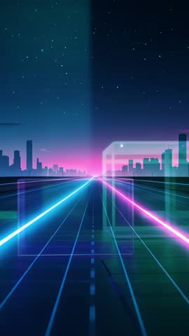 Neon Grid Road Racing Toward Horizon in Cyber City, Prism Refractions and Retro Futurism