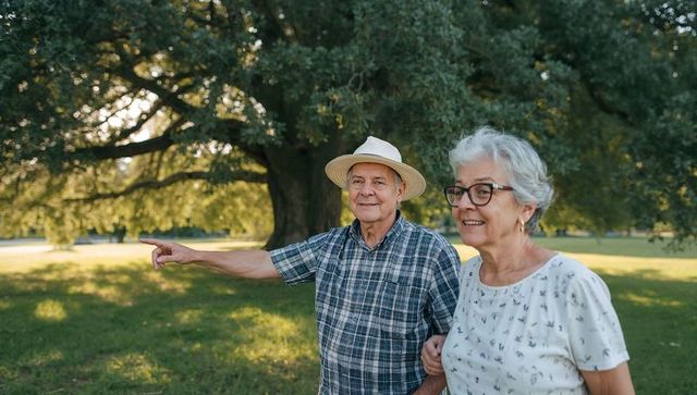 Senior couple pointing and smiling while walking by large oak tree in sunlit park