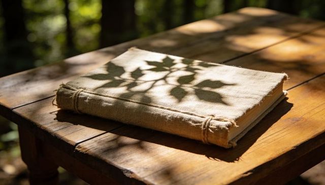 Sunlit burlap-bound journal with twine on rustic wooden table casting leaf shadow